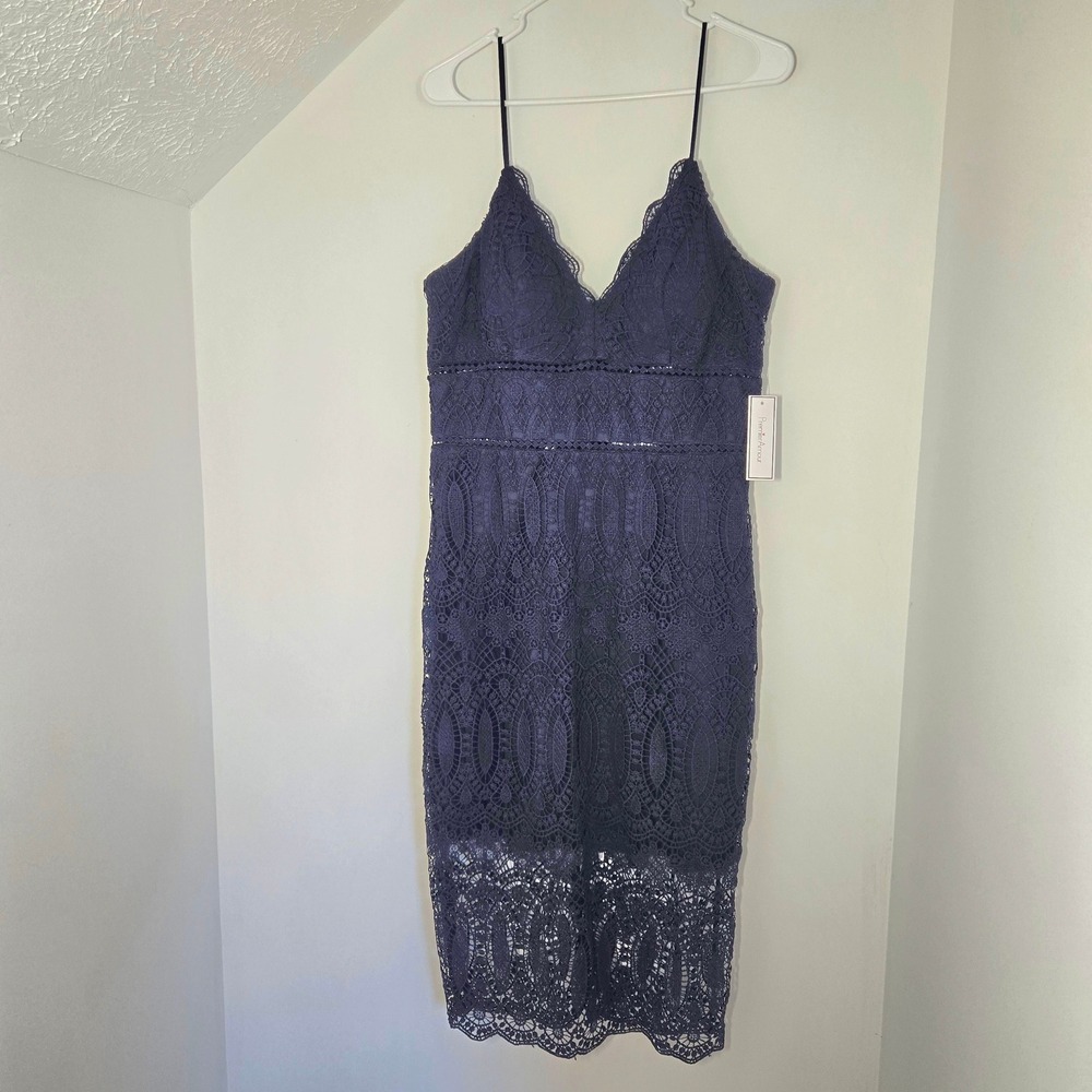 Premier Amour Navy Blue Lace Midi Dress V-Neck Spaghetti Strap Size 14 NWT